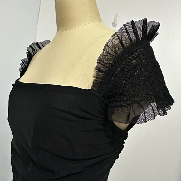 Vtg Tadashi Black Mesh Ruched Maxi Dress S Gothic Vampire Fairygoth Witchy - Picture 7 of 12